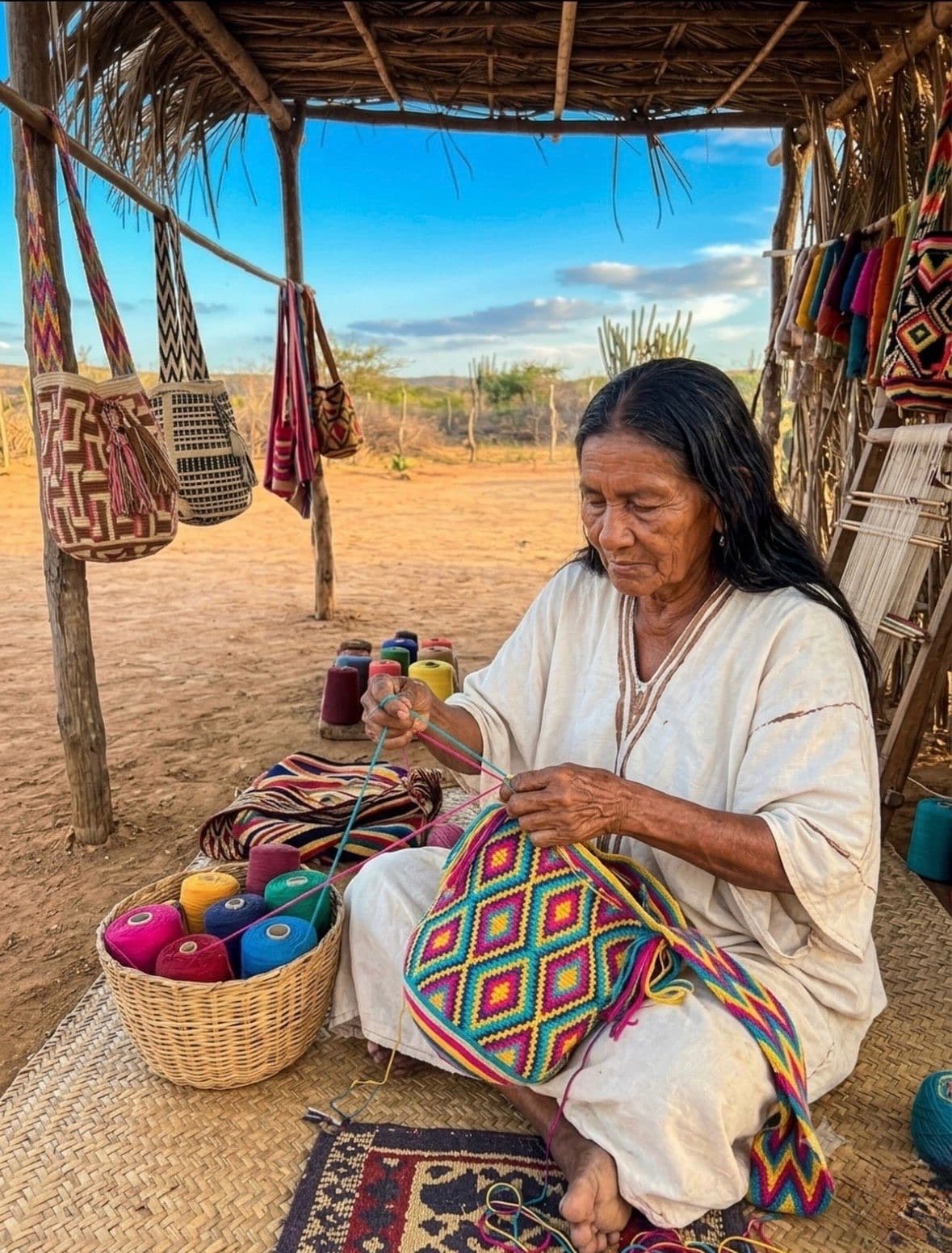 A Wayuu artisan weaving a colorful mochila by hand in La Guajira
