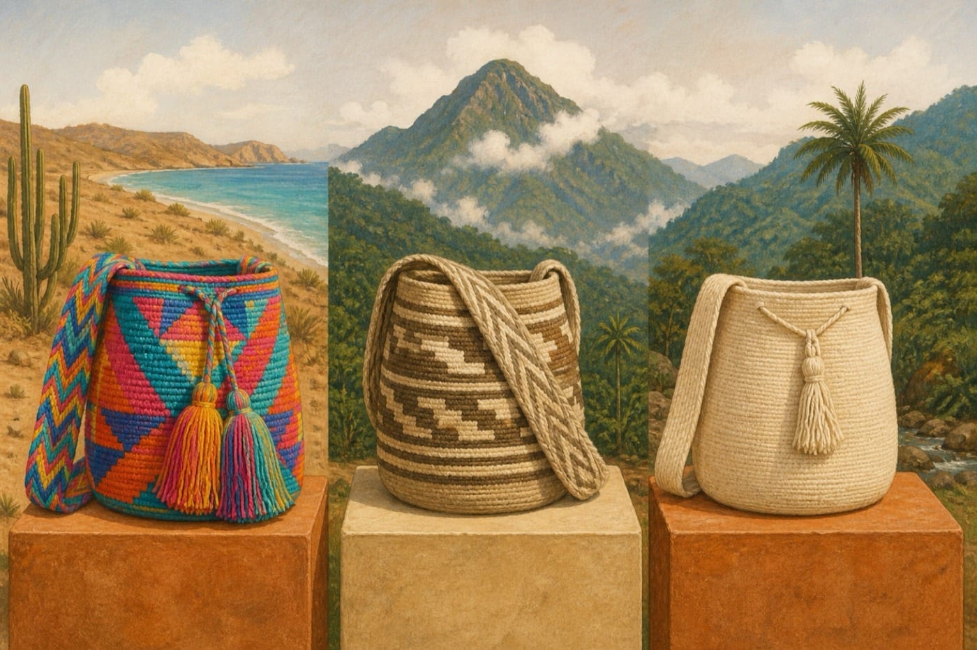 Illustrated comparison of Wayuu, Arhuaco, and Kogui mochila traditions