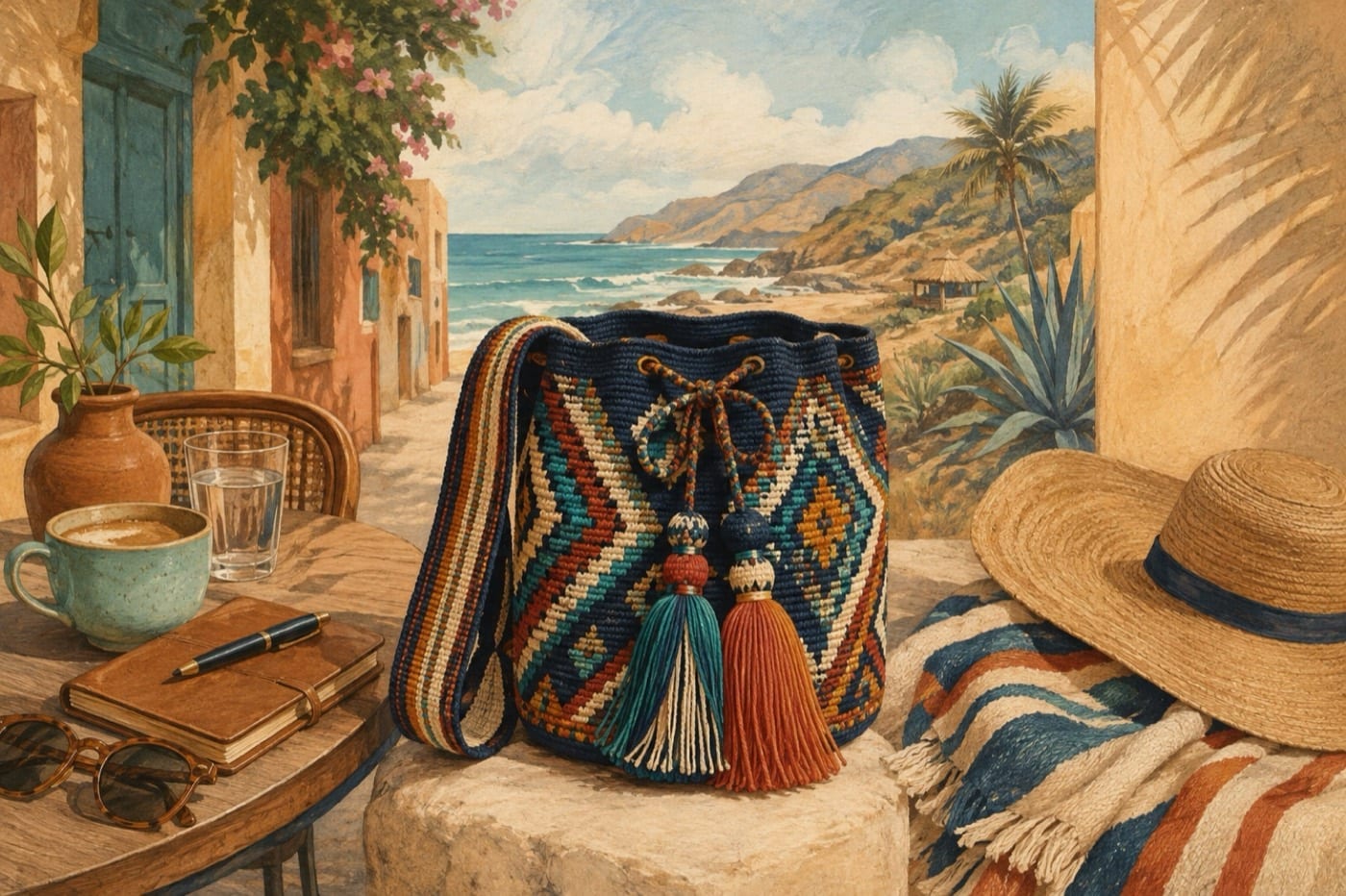 Editorial illustration of a Wayuu mochila for everyday use, travel, and the beach