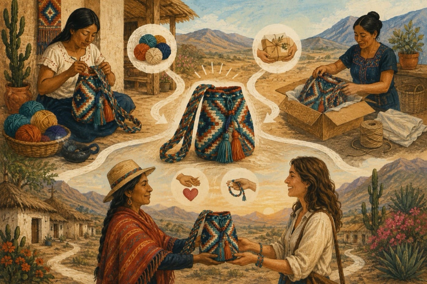 Illustration of a transparent journey from artisan work to careful delivery