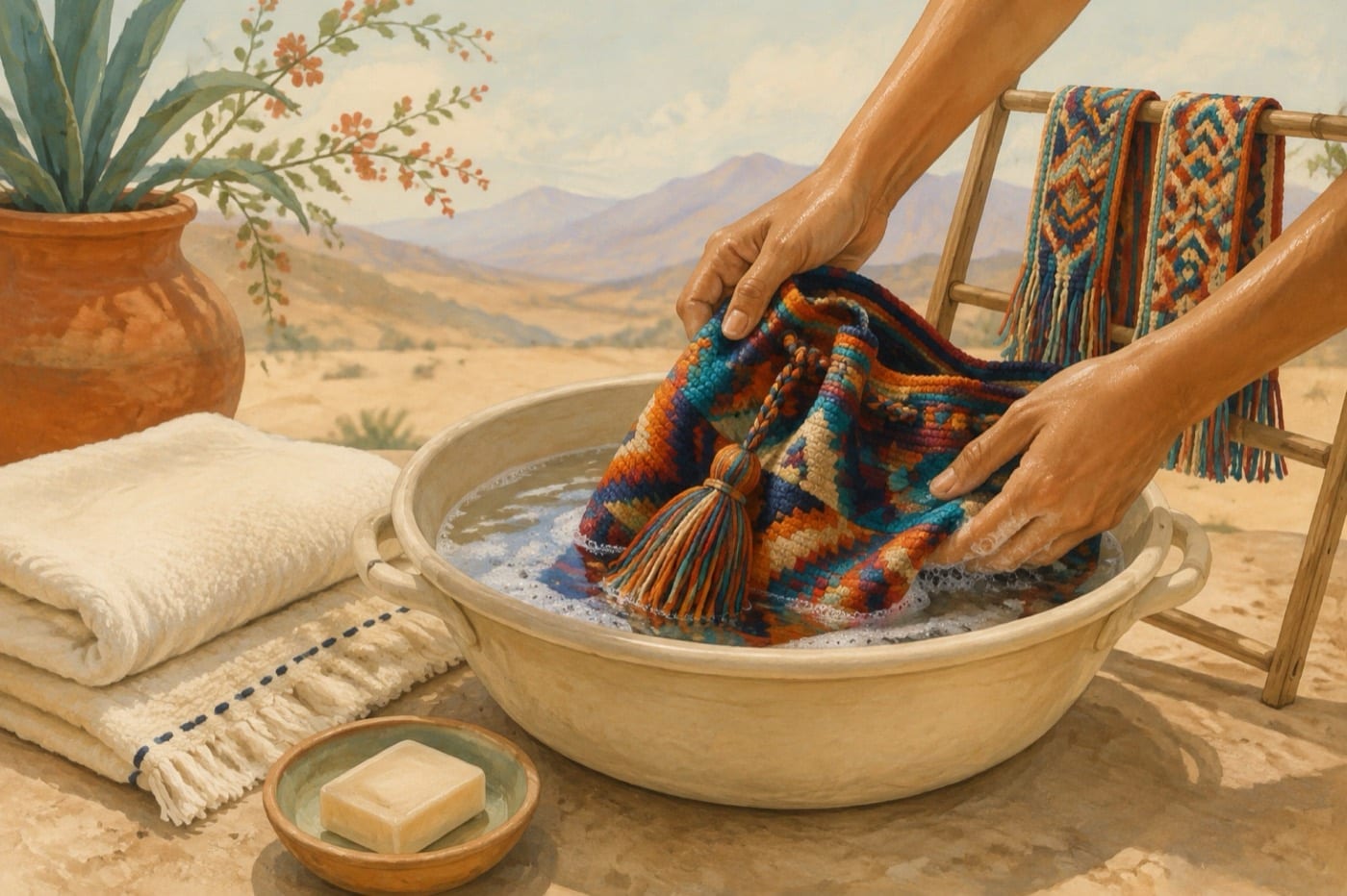 Illustration showing a Wayuu bag being gently hand washed