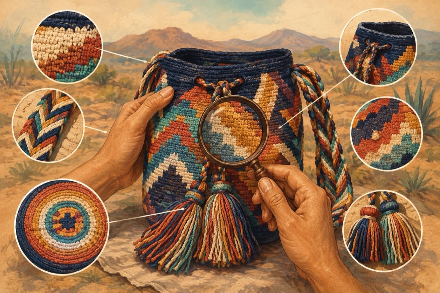 Illustrated inspection of the stitches, base, strap, and tassels of a Wayuu bag