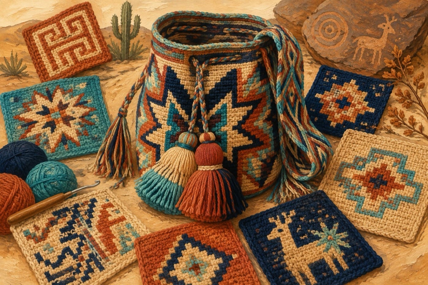 Editorial illustration celebrating geometric kanaas-inspired crochet patterns