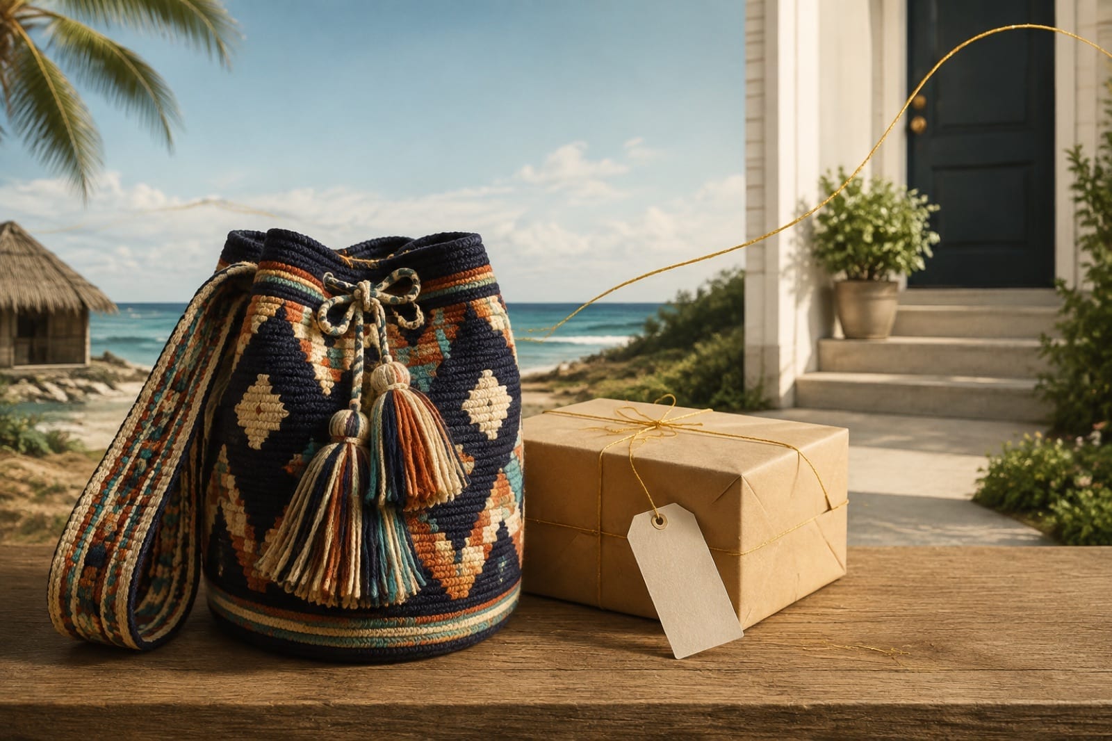 A handwoven Wayuu mochila and carefully wrapped parcel traveling from a Caribbean coast to an American doorstep