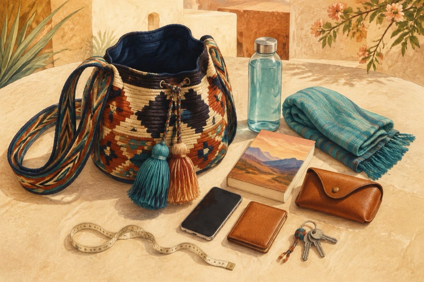 Illustrated Wayuu bag size guide with common everyday essentials