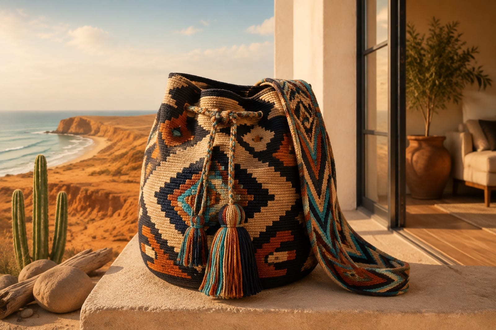 A handwoven Wayuu mochila connecting the landscape of La Guajira with a contemporary home