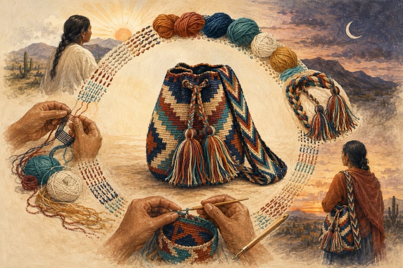 Illustration of the time and handwork behind a finished Wayuu mochila
