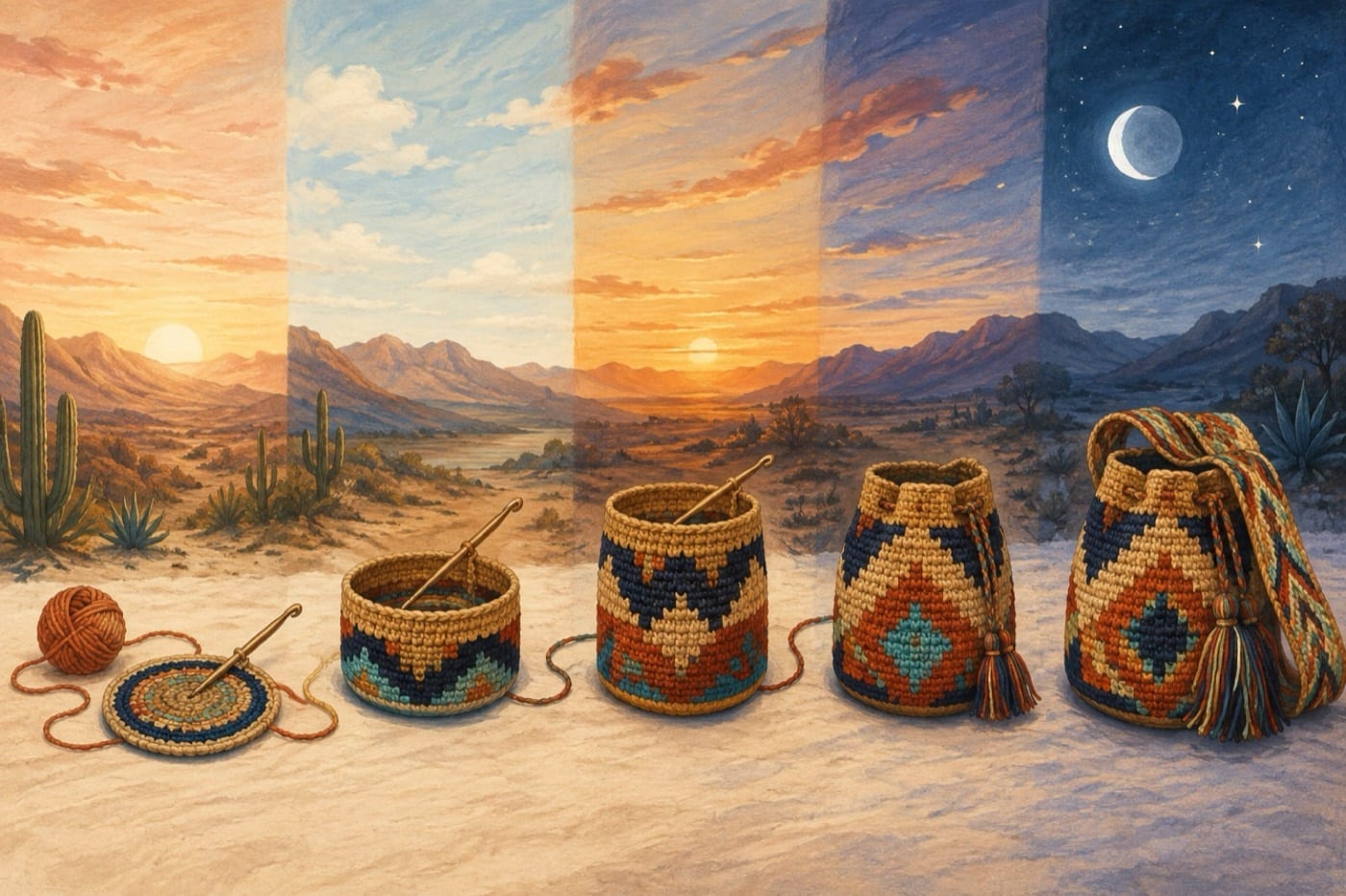 Illustration of a Wayuu mochila growing from its base to a finished bag over time