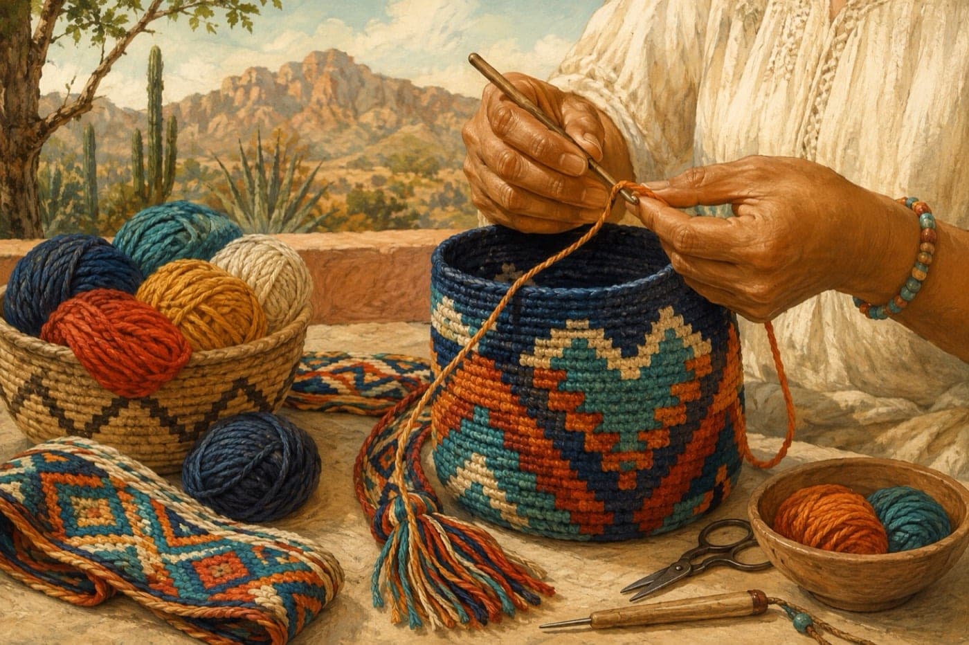 Illustration of skilled hands crocheting a Wayuu mochila one thread at a time