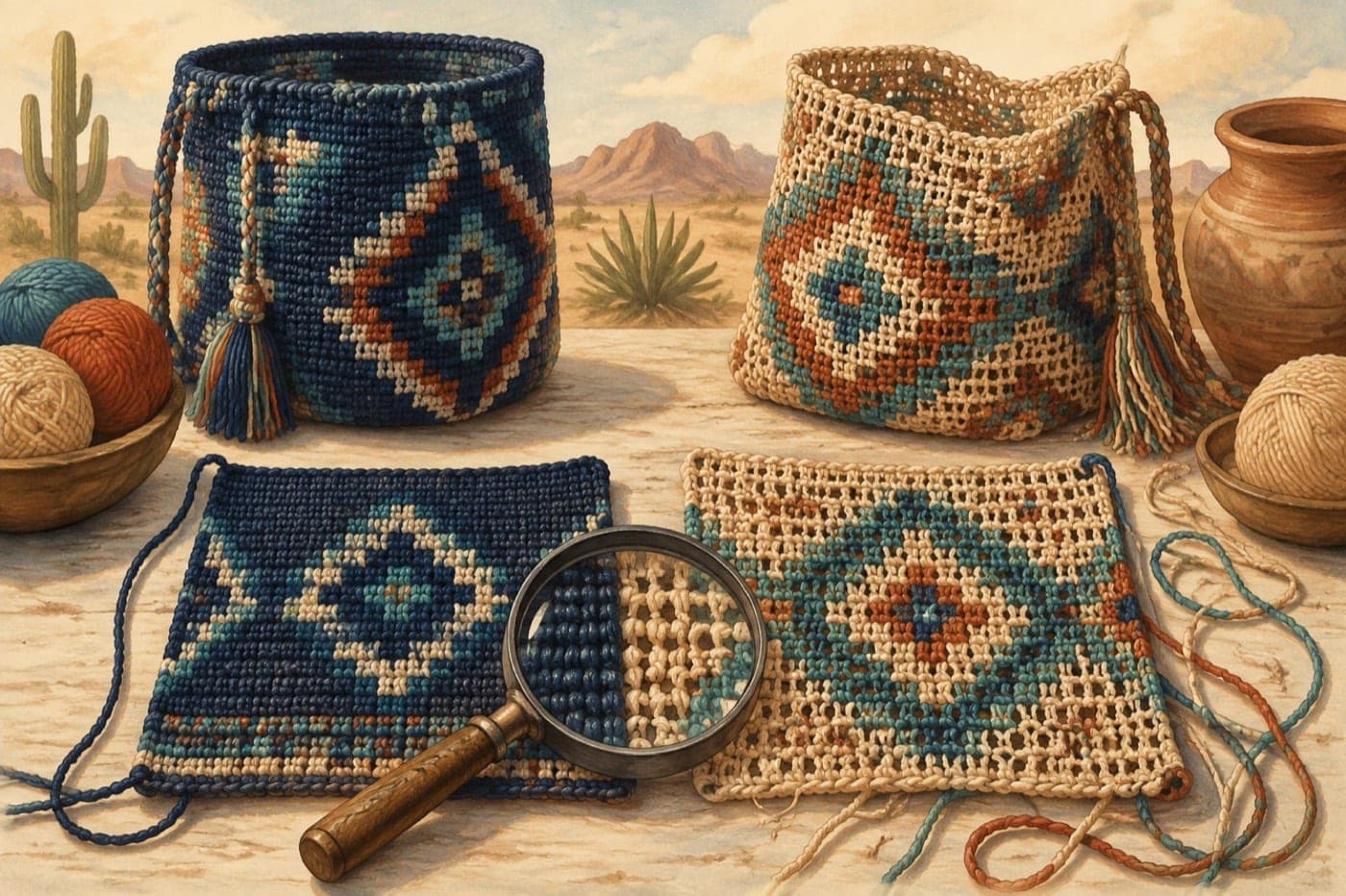 Illustrated comparison of dense single-thread and looser two-thread crochet