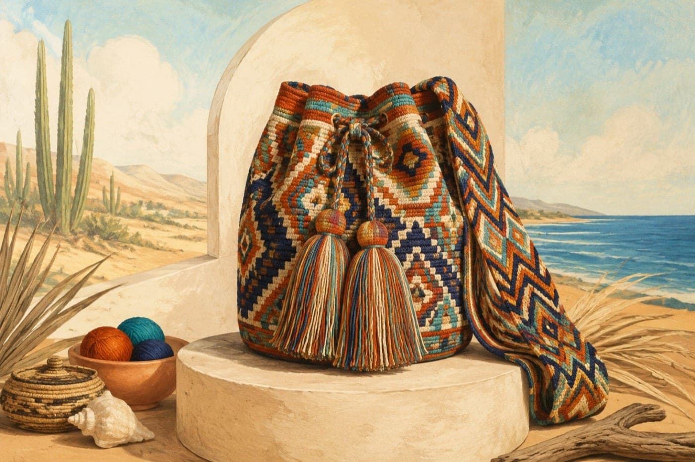 Editorial illustration of a Wayuu mochila beside the desert and sea