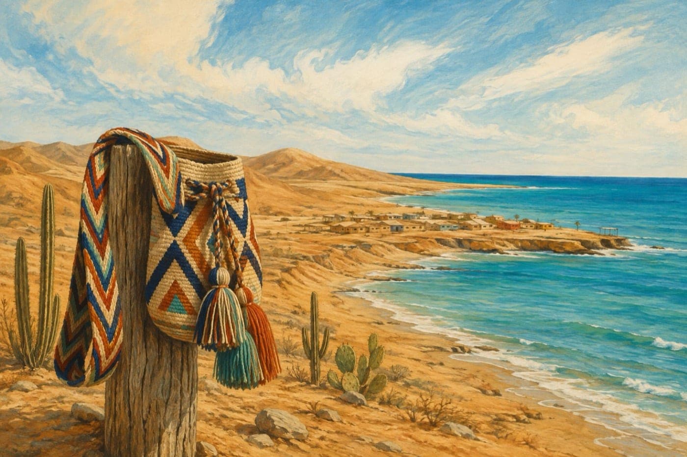 Illustration of La Guajira’s desert coast with a handwoven mochila