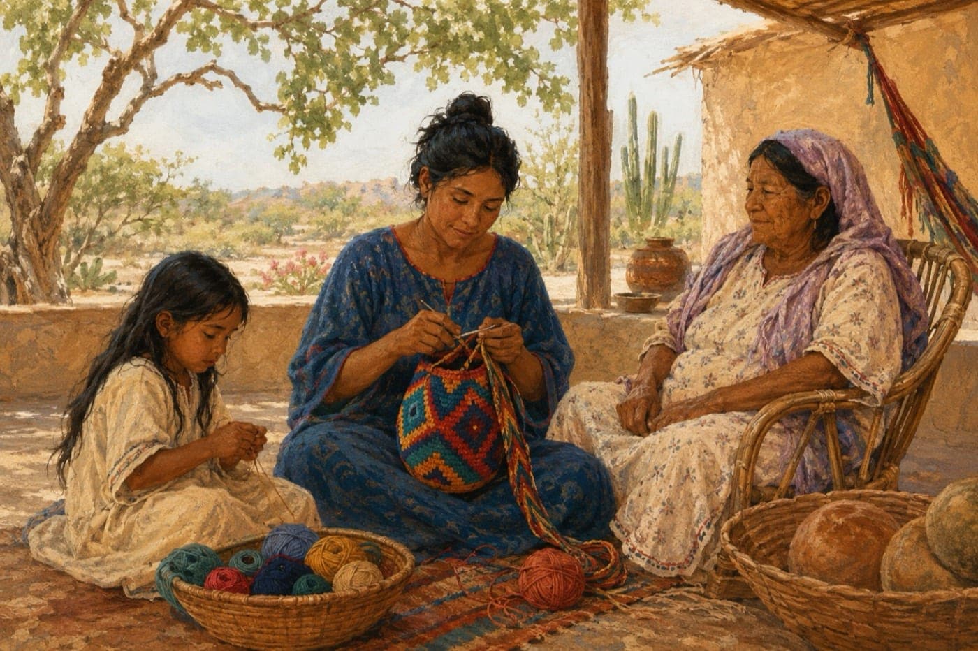 Editorial illustration of three generations sharing Wayuu weaving traditions